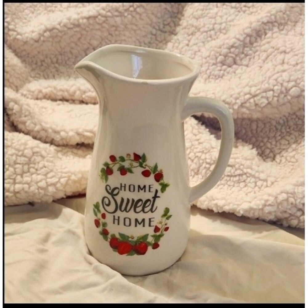 Home Sweet Home White Strawberry Ceramic Pitcher Unused